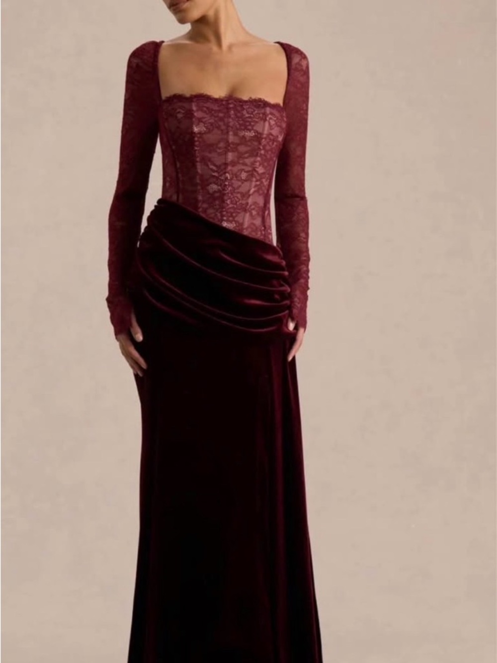 Long-Sleeve Lace & Velvet Burgundy Evening Gown